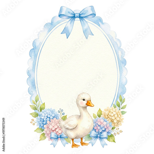 Watercolor duckling with floral border