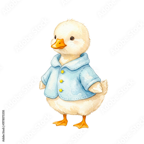 Watercolor duckling wearing a blue jacket