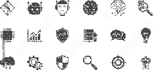gradient background halftone pixeleted bitmap dither AI data security icons vector isolated