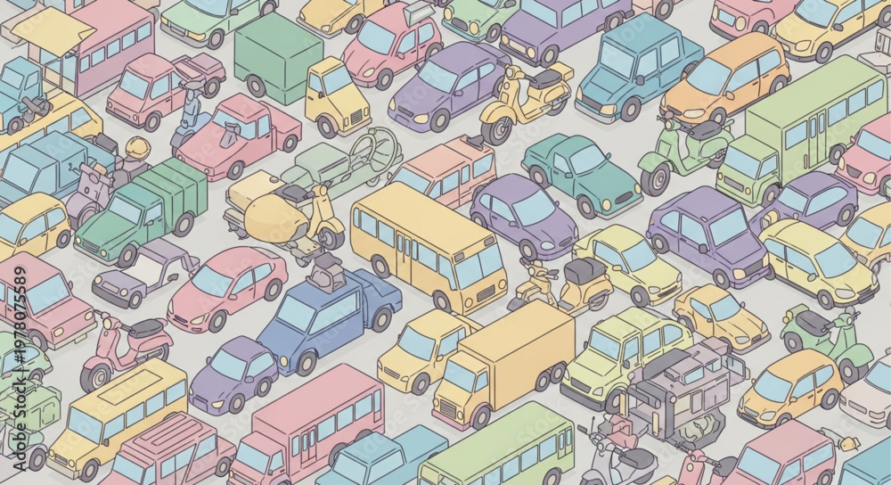 Obraz premium Colorful cartoon cars and buses densely packed together.
