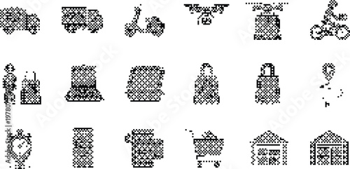 gradient background halftone pixeleted bitmap dither delivery icons vector isolated on white