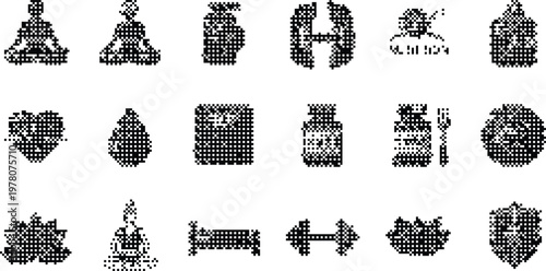 gradient background halftone pixeleted bitmap dither fitness health wellness yoga icons vector isolated