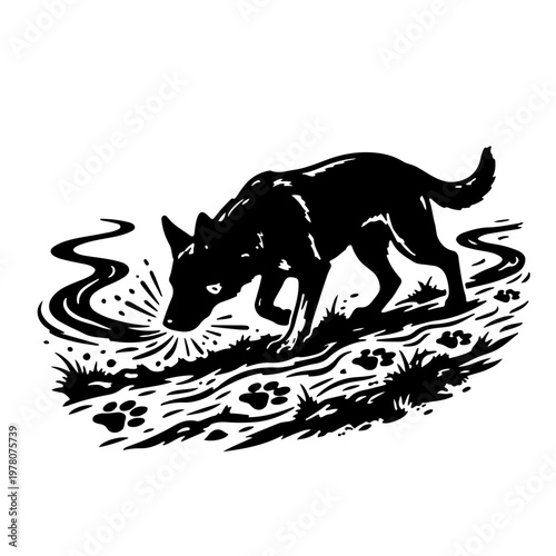 The Sniffer dog icon focusing on the sense of smell, featuring a canine nose tracking a trail on the ground, minimalist black and white vector symbol for detection and searching.
 