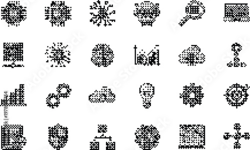 Gradient Background Halftone Pixelated Bitmap Dither Data Analytics Technology Icons Set Vector