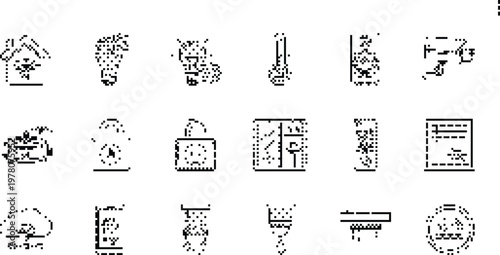 gradient background halftone pixeleted bitmap dither smart home security cloud lock certificate icons vector