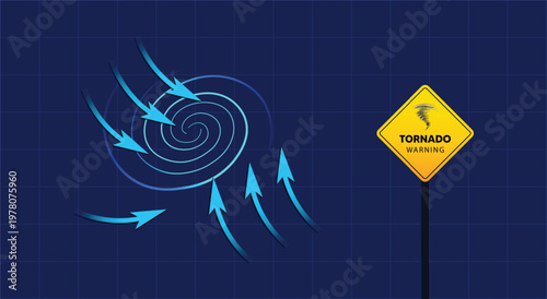 Tornado warning concept with swirling wind diagram and hazard sign vector illustration