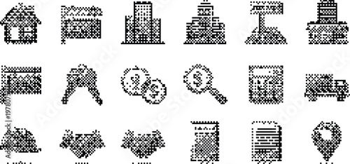 gradient background halftone pixeleted bitmap dither real estate business finance icons vector