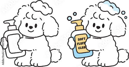 Cute White Poodle Bath Time Cartoon Illustration