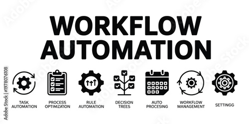 workflow automation banner, vector illustration, featuring icons of workflow automation, task Automation, process optimization, rule automation, auto scheduling, auto processing, and workflow engine.