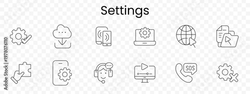 Settings set icon. Gear, cloud, smartphone, laptop, globe, folder, puzzle, support, video, sos, tools, configuration, system, control, service, interface