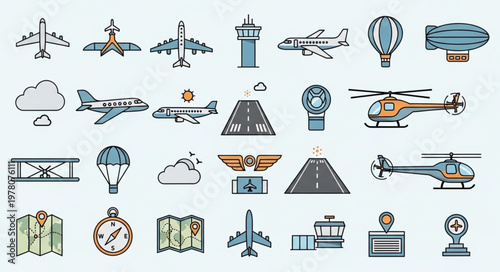 Collection of aviation and transportation icons and symbols.