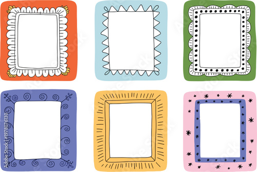 Six Whimsical, Hand-Drawn Frames in Various Colors and Isolate PNG