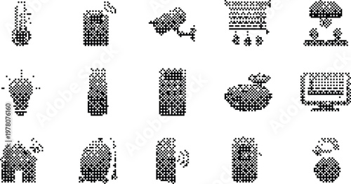 Gradient Background Halftone Pixelated Bitmap Dither Smart Home IoT Icons Vector Isolated