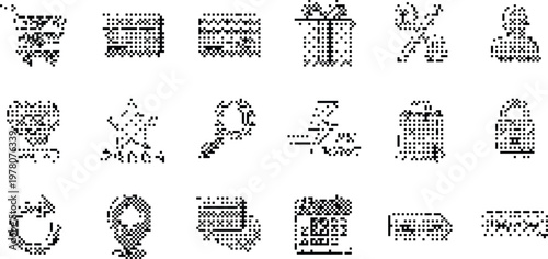 Icon Set Pixelated Bitmap Halftone Dotted Dither Vector Graphic Element Isolated