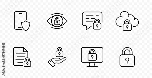 Data security set icon. Protected smartphone, privacy view, secure message, cloud lock, document safety, trusted access, monitor protection, password shield, cybersecurity