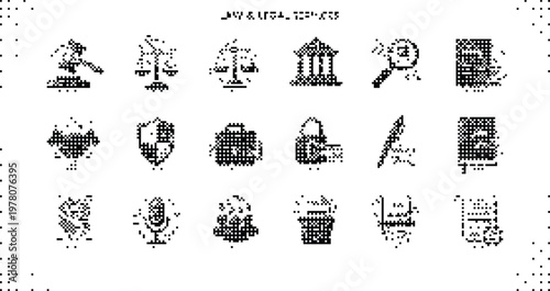 Law Justice Icons Pixelated Bitmap Halftone Dotted Dither Vector Illustration Set