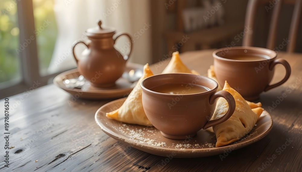 Fototapeta premium “Samosas served with chai tea in clay cups, cozy tea time setting, wooden table, soft morning light, traditional Pakistani Indian breakfast vibe”