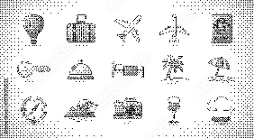 Gradient Background Halftone Pixelated Bitmap Dither Travel Vacation Icons Vector Illustration Isolated White