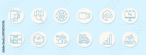 Digital marketing set icon. Minimal line badges, mobile like, analytics search, www globe, megaphone, headset chat, advertising board, brochure, cloud upload, social message, car ad