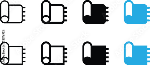 Set of yoga mat icons, fitness equipment symbols, exercise mat vector illustrations, gym accessories, pilates mat, workout gear, flat design