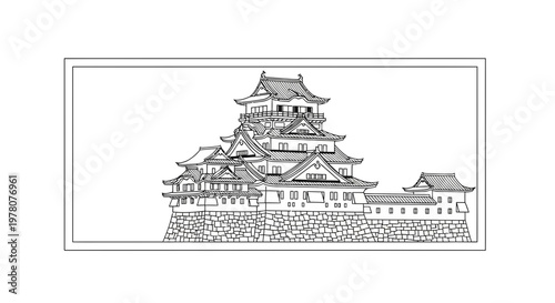 Japanese Castle Drawing, Traditional Architecture, Historical Landmark, Black and White Sketch