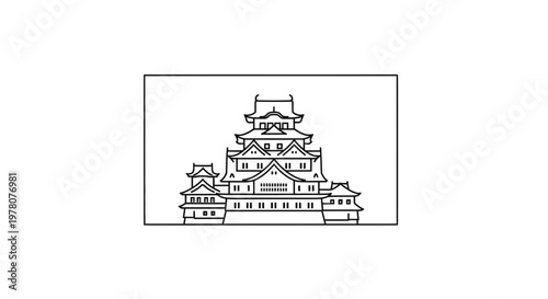 Japanese Castle Illustration - Traditional Architecture Line Art