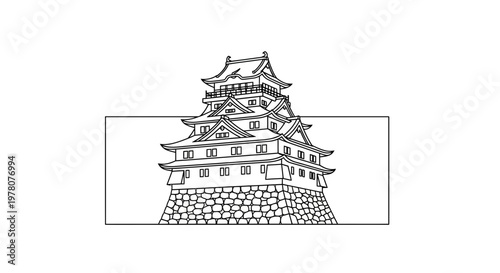 Japanese Castle Illustration, Traditional Architecture, Historic Landmark, Line Art