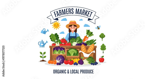 Farmers Market Organic Local Produce Woman Vendor Fresh Vegetables Fruits Basket