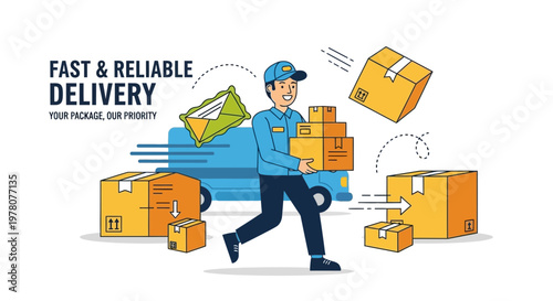 Fast Delivery Service: Courier Carrying Packages with Van and Boxes