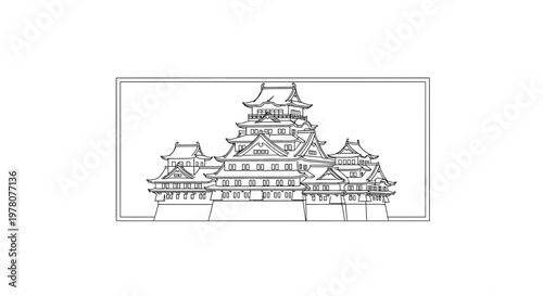 Japanese Castle Outline Drawing, Traditional Architecture, Historic Landmark
