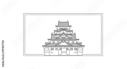 Japanese Castle Outline Drawing, Traditional Architecture, Historic Landmark, Vector Art