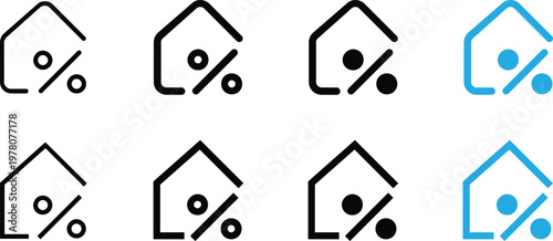 Set of mortgage interest rate icons, house symbol with percentage sign in different styles