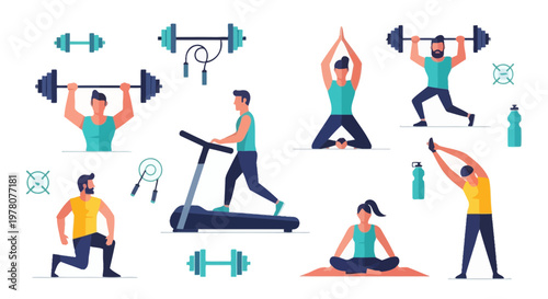Fitness and Exercise Lifestyle Icons Set: Men and Women Working Out