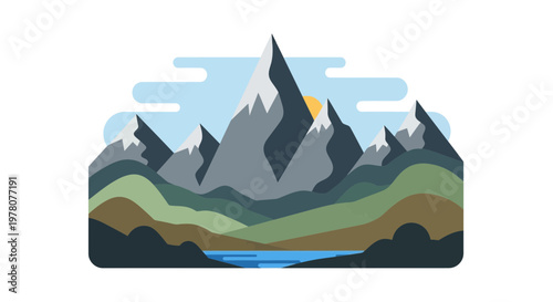 Flat Design Mountain Landscape with Lake and Sun