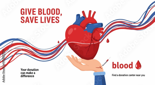 Give Blood Save Lives - Heart Donation Concept with Wavy Lines and Hand