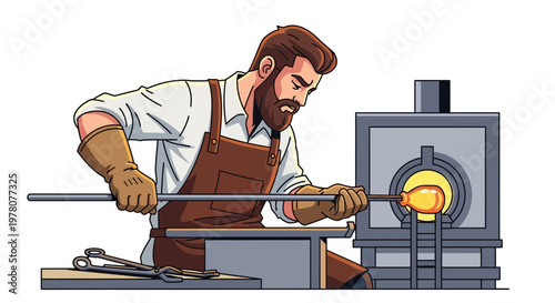 Glassblower heating molten glass in furnace, artisan craft, studio work