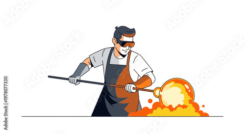 Glassblower crafting molten glass with tools, skilled artisan at work