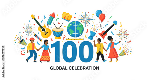 Global Celebration 100 Years: Diversity, Music, Party, Balloons, Globe