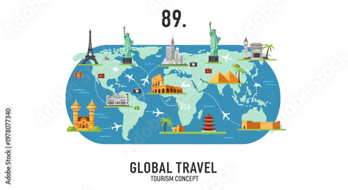 Global Travel Map with Famous Landmarks, Tourism Concept