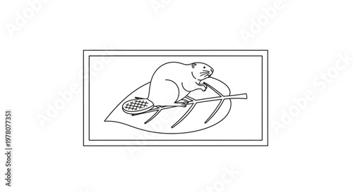 Funny Beaver Sitting on a Leaf with a Tennis Racket and Ball