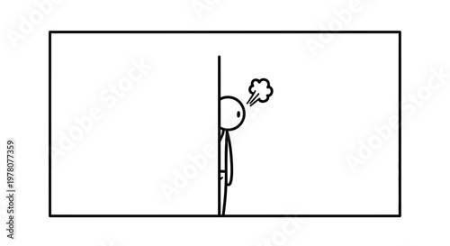 Frustrated stick figure peeking around corner, steam from head