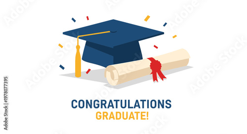 Fotografie Graduation Cap and Diploma with Confetti - Congratulations Graduate!