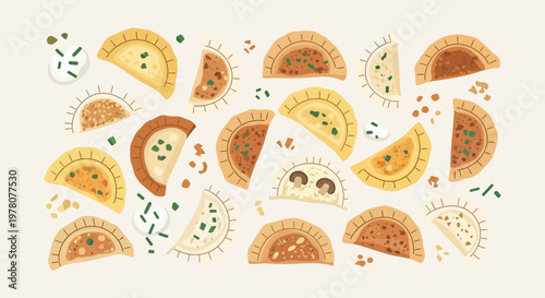 Hand-drawn Empanadas Assortment - Delicious Baked Pastries with Various Fillings