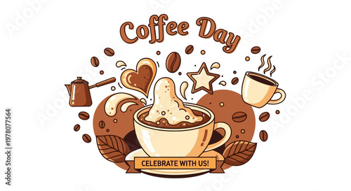 Happy Coffee Day Celebration with Hot Beverage and Sweets