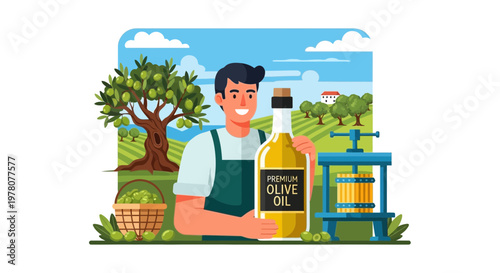 Happy Farmer With Olive Oil Bottle and Harvest in Italian Landscape