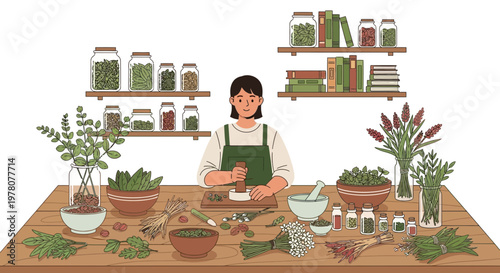 Herbalist Preparing Natural Remedies with Mortar and Pestle