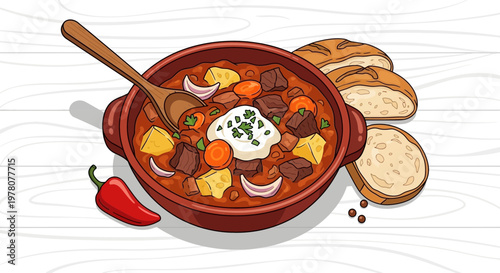 Hearty Goulash Soup with Bread and Sour Cream, Hungarian Cuisine Illustration