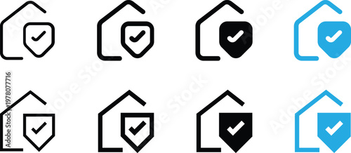 Set of home security icons, vector illustration of house with shield symbols
