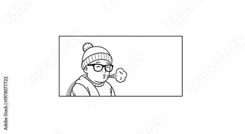 Cute Kid Wearing Winter Hat and Glasses, Blowing Cold Air in Black and White