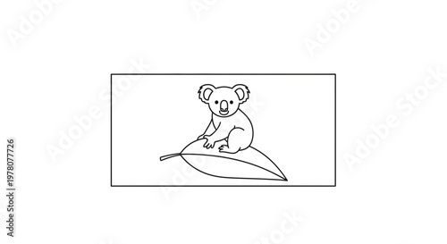 Cute Koala Sitting on a Eucalyptus Leaf, Simple Line Art Illustration